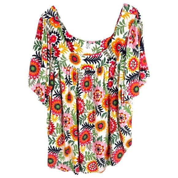 Crown Ivy Plus Size 1X Top Pink White Floral Print Square Neck Short Sleeve‎ 481 - Picture 1 of 9